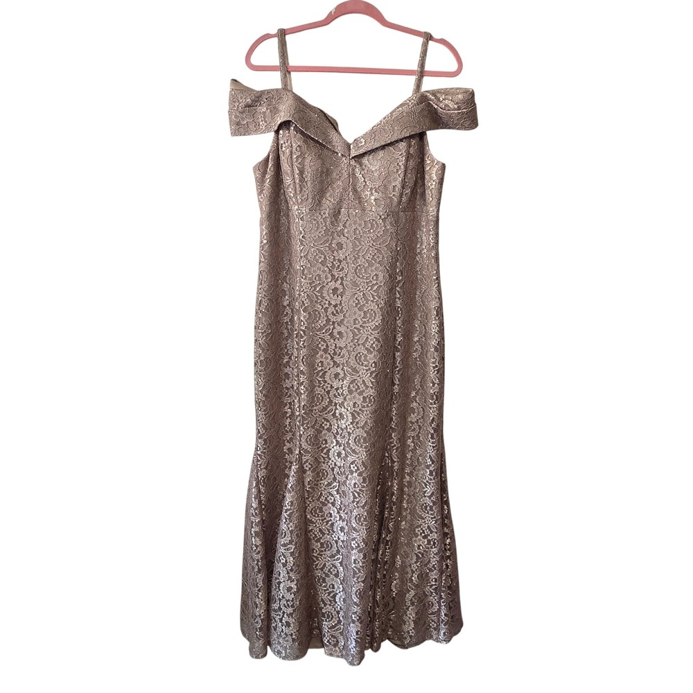 R&M Richards Lace Gown Women 18 Rose Gold Off-Shoulder Metallic Mermaid Dress